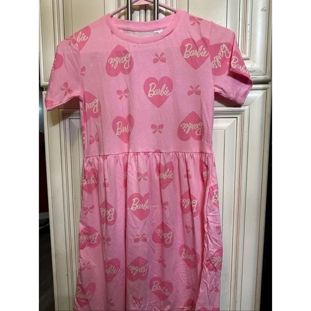 H&M X Barbie Girls Heart Printed Short Sleeve Jersey Dress Pink Size 8/10 NWOT